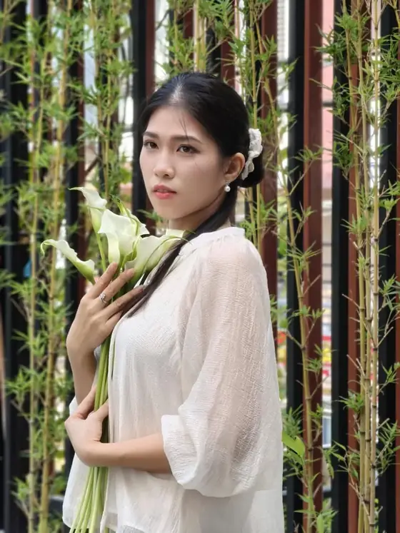 Vy Đan cầm bó hoa rum giữa rặng tre